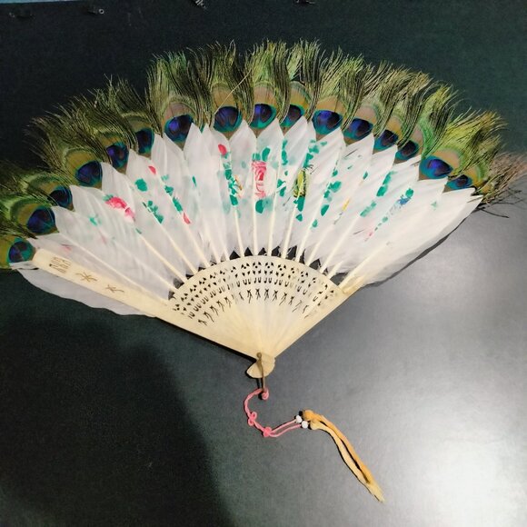 Chinese Folding Hand Fan, Hand Painted Peacock Feathers, 19th Century Antique - Picture 1 of 10